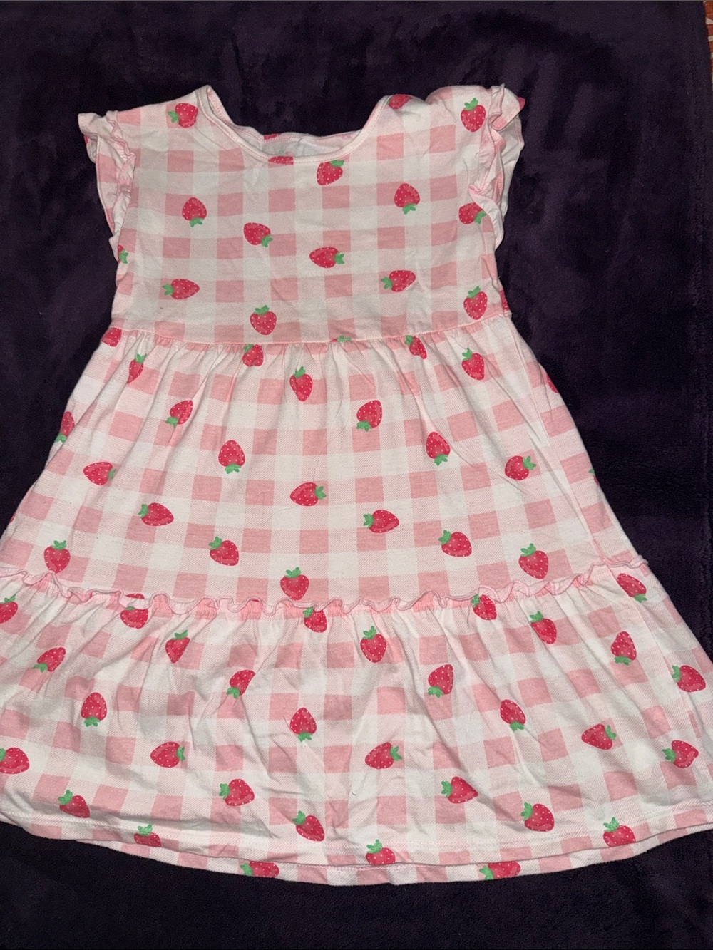 Girls Pink Strawberry Check Cotton Dress